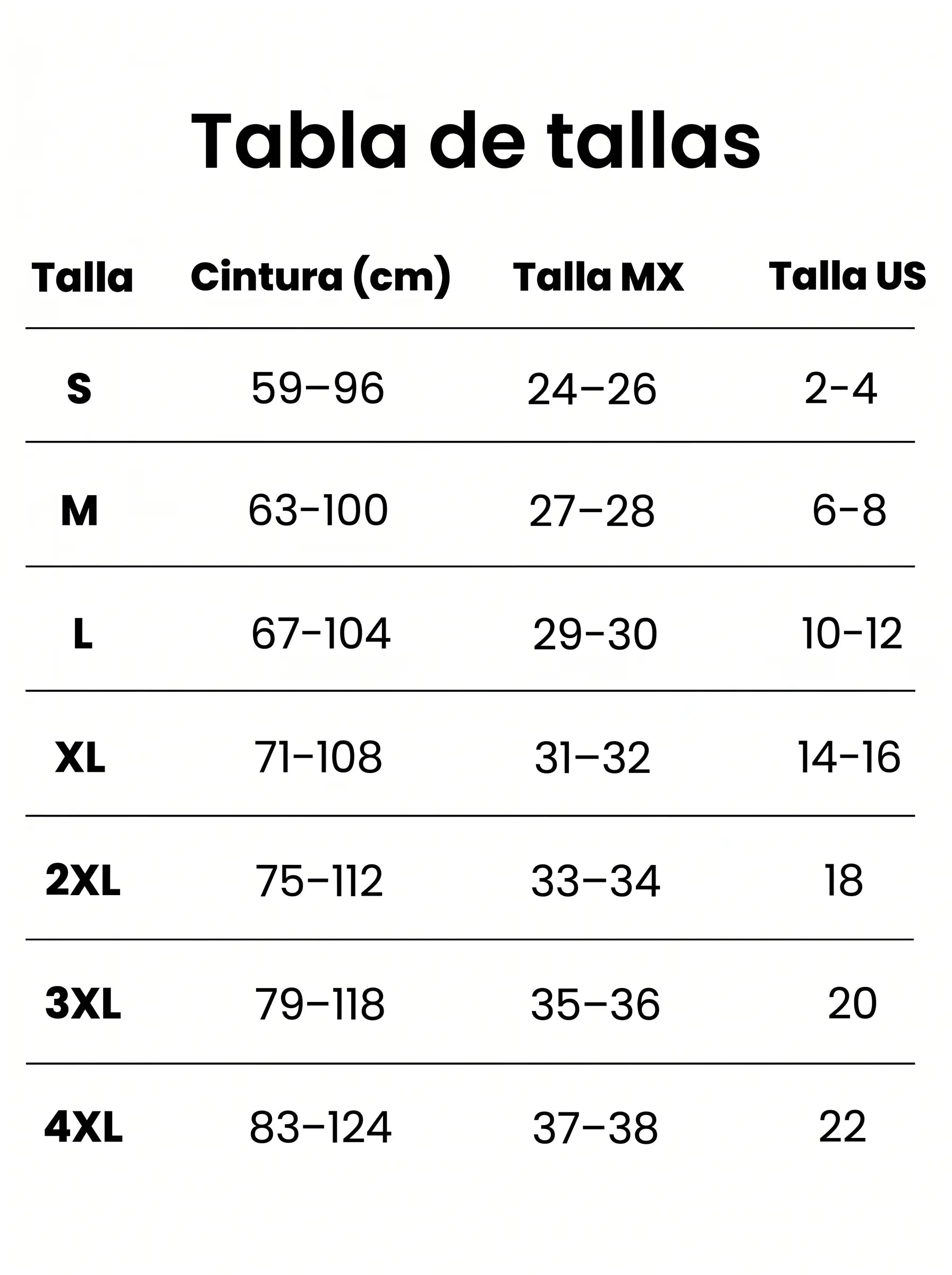 Tabla de tallas: S cintura 59–96 cm, M 63–100, L 67–104, XL 71–108, 2XL 75–112, 3XL 79–118, 4XL 83–124